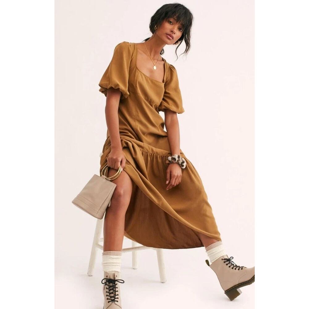 Free People Dress Womens Medium Brown Square Neck Puff Sleeve Tiered Midi Boho